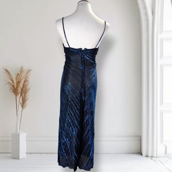 Vintage 80s Blue Metallic Pleated Ruched Disco Midi Dress Spaghetti Size S - Picture 6 of 16